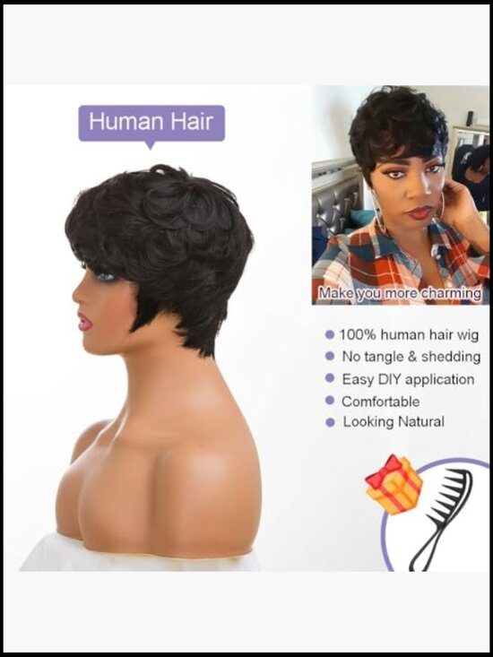 Pixie Cut Human Hair Wig with Bangs Short Curly Wig for  display picture 1